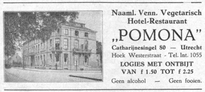 712769 Advertentie van de N.V. Vegetarisch Hotel-Restaurant POMONA , Catharijnesingel 80 hoek Westerstraat te Utrecht, ...